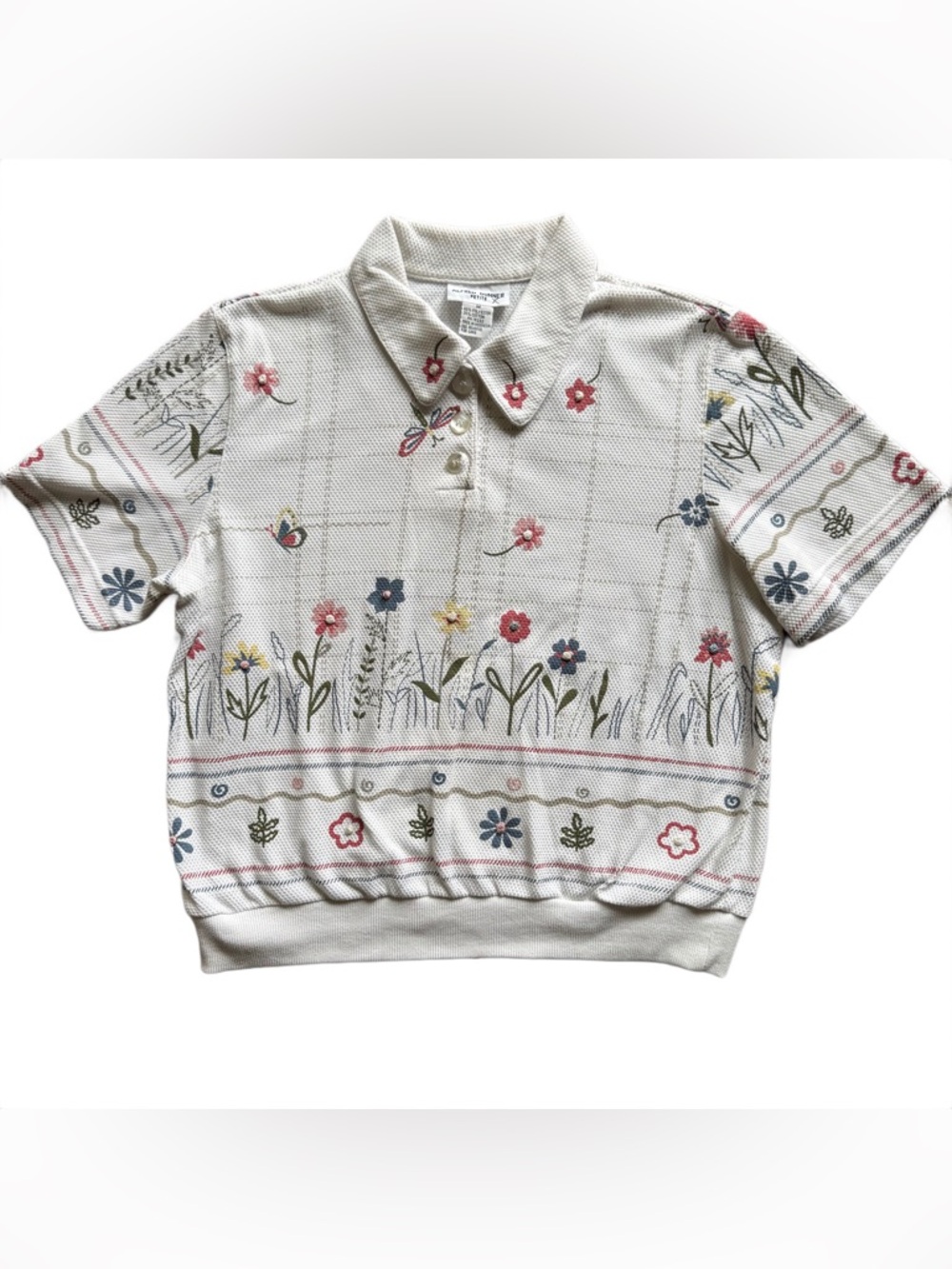 Vintage Alfred Dunner Cream Textured Polo with Floral Pattern Size Medium